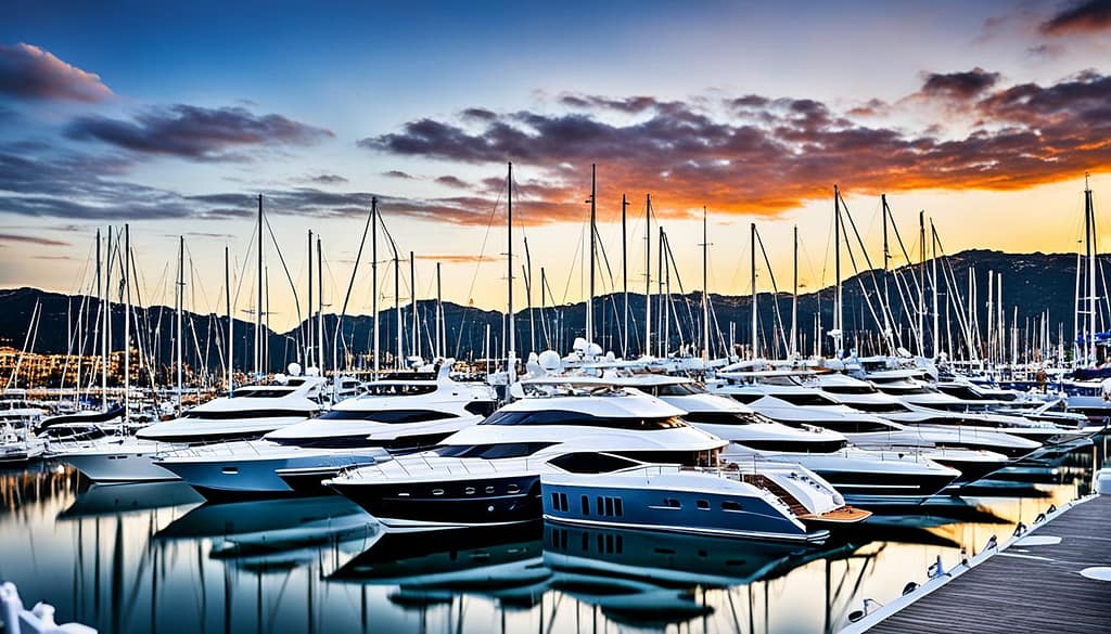 a multitude of high-end boats & yachts docked in a marina, at dawn.