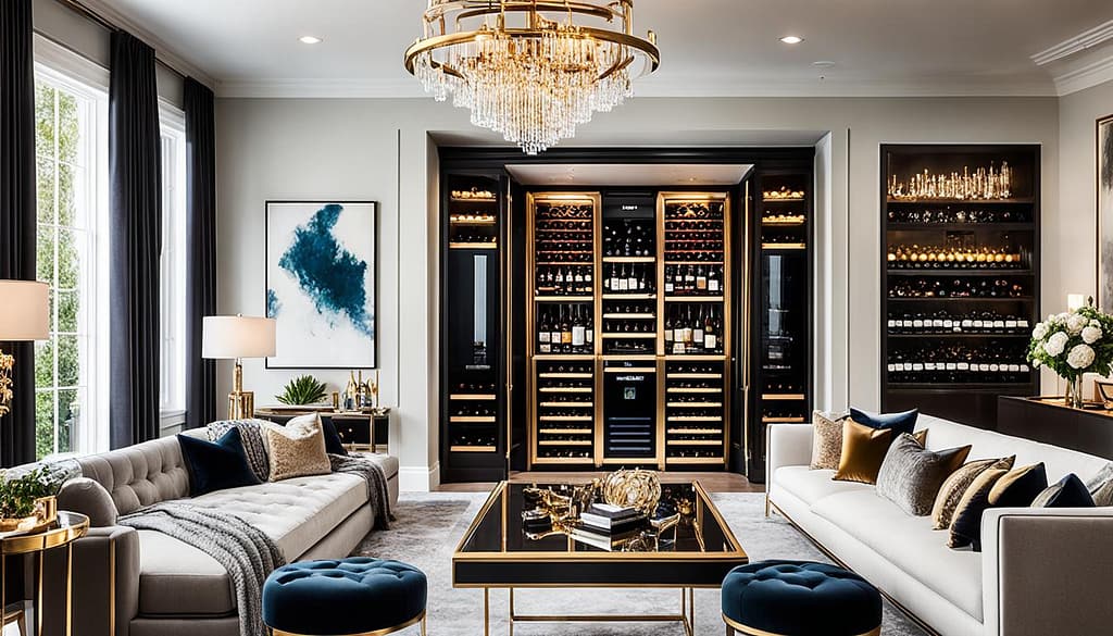 A luxurious and modern living room with a grand wine storage display, elegant gold-framed glass coffee table, and plush seating area under a sparkling chandelier.