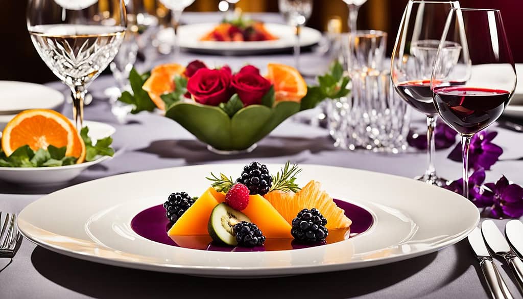 Gourmet Culinary Experiences: luxury dining trends. Elegantly plated fruit dish