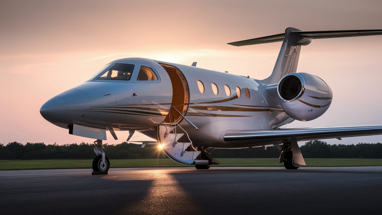 The image features a private jet during what appears to be either sunrise or sunset. The aircraft is parked on the tarmac with the boarding stairs down, inviting entry. The sky in the background is a soft gradient of warm colors, indicative of the golden hour, and the sun is visible through the jet’s doorway, creating a radiant sunburst effect. The jet itself is predominantly white, with elegant stripes and details in a contrasting color. The design of the plane suggests luxury and exclusivity, characteristic of private aviation.