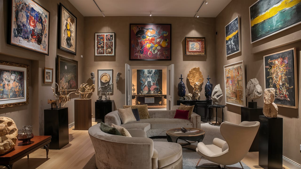 Inside a luxury art gallery, with a collection of vibrant abstract paintings and sculptures tastefully arranged. Plush velvet sofas and a sleek modern armchair invite contemplation of the art, all under warm, spotlighting that accents the rich textures and colors in the room, epitomizing upscale art curation.