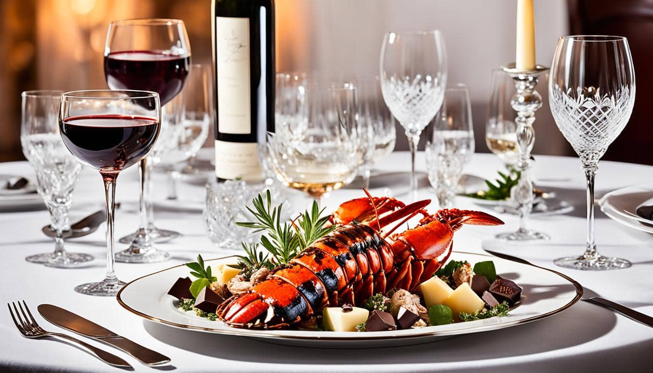 a lobster meal served on an elegant place setting atop of a white linen tablecloth Gourmet Culinary Experiences