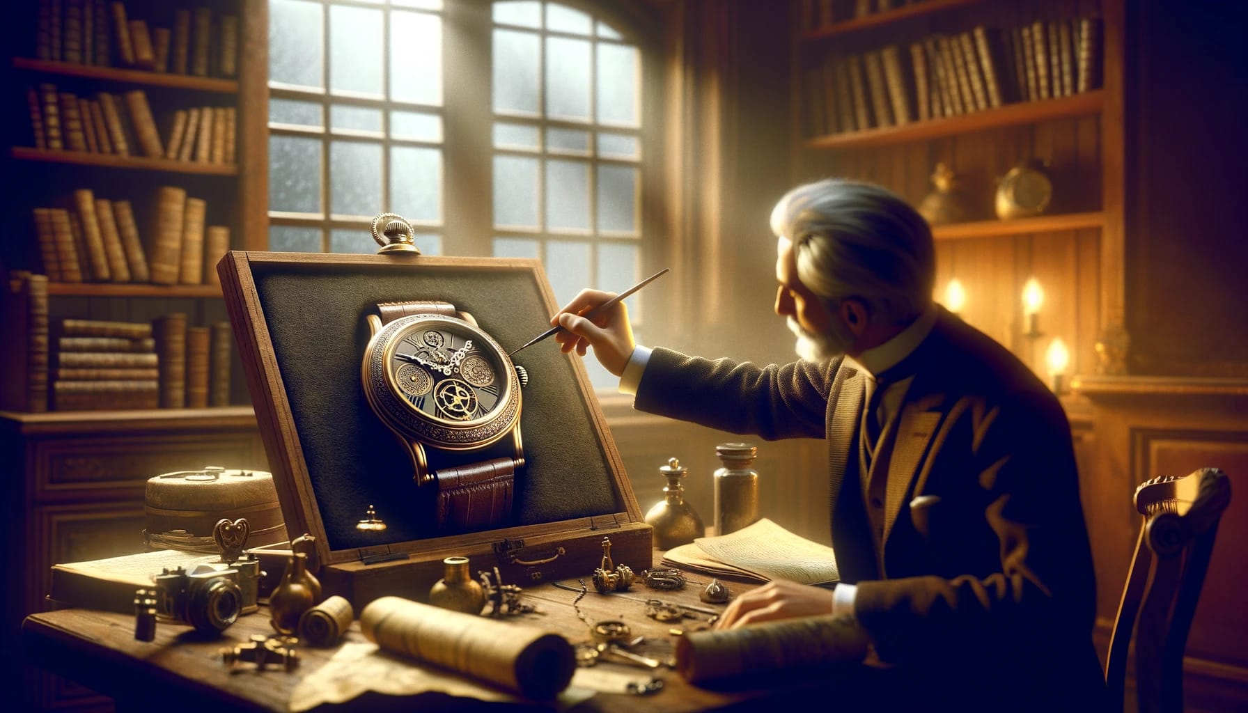 Founder reflecting on the inception of luxury, with a vintage watch symbolizing the early inspiration for the luxury brand, set in a rich, historically inspired environment